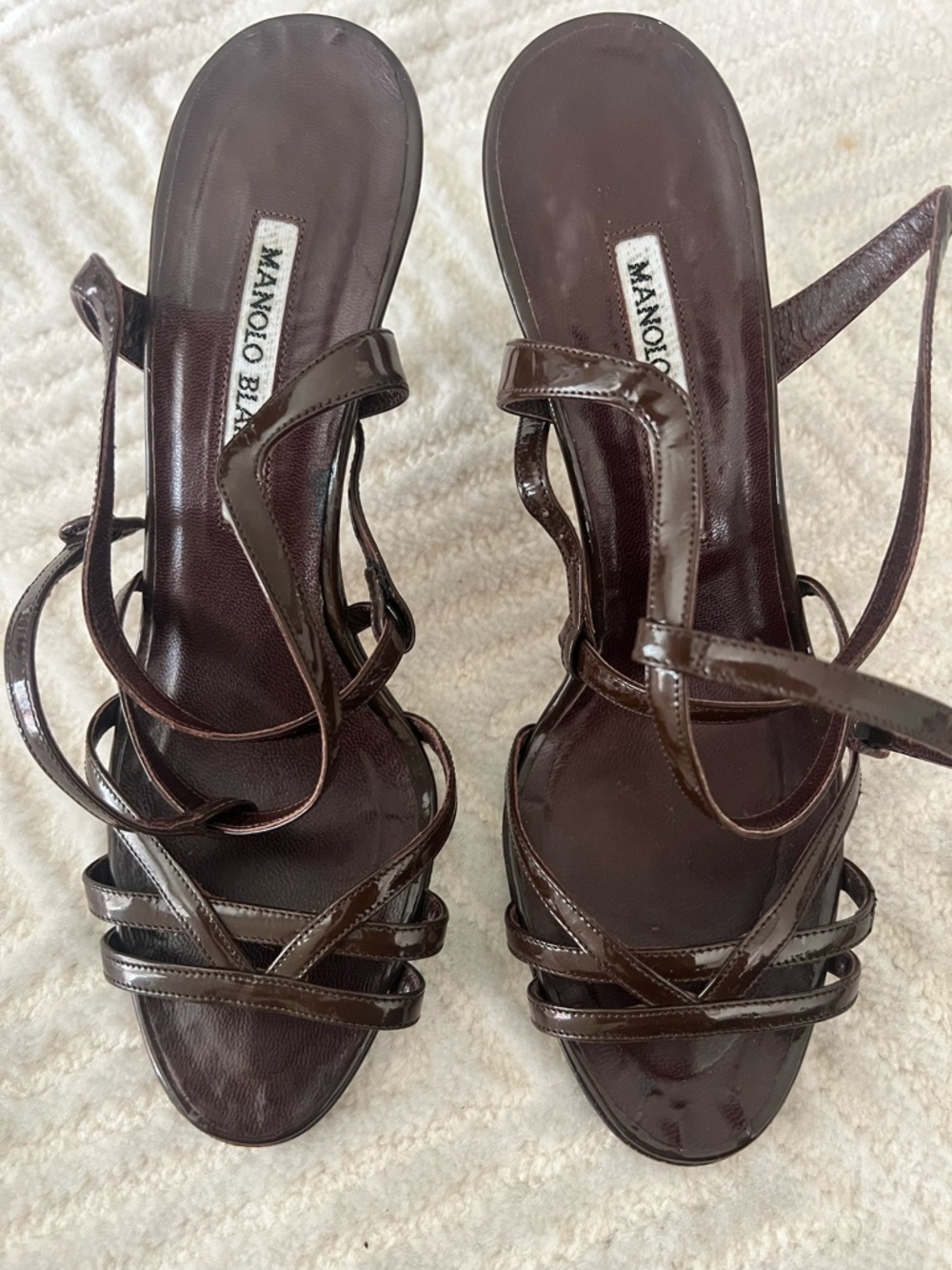 Manolo Blahnik Dark Brown Patent Multi-Strap Heels